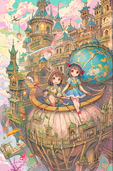 flying castle, full of air,two girls、huge smile