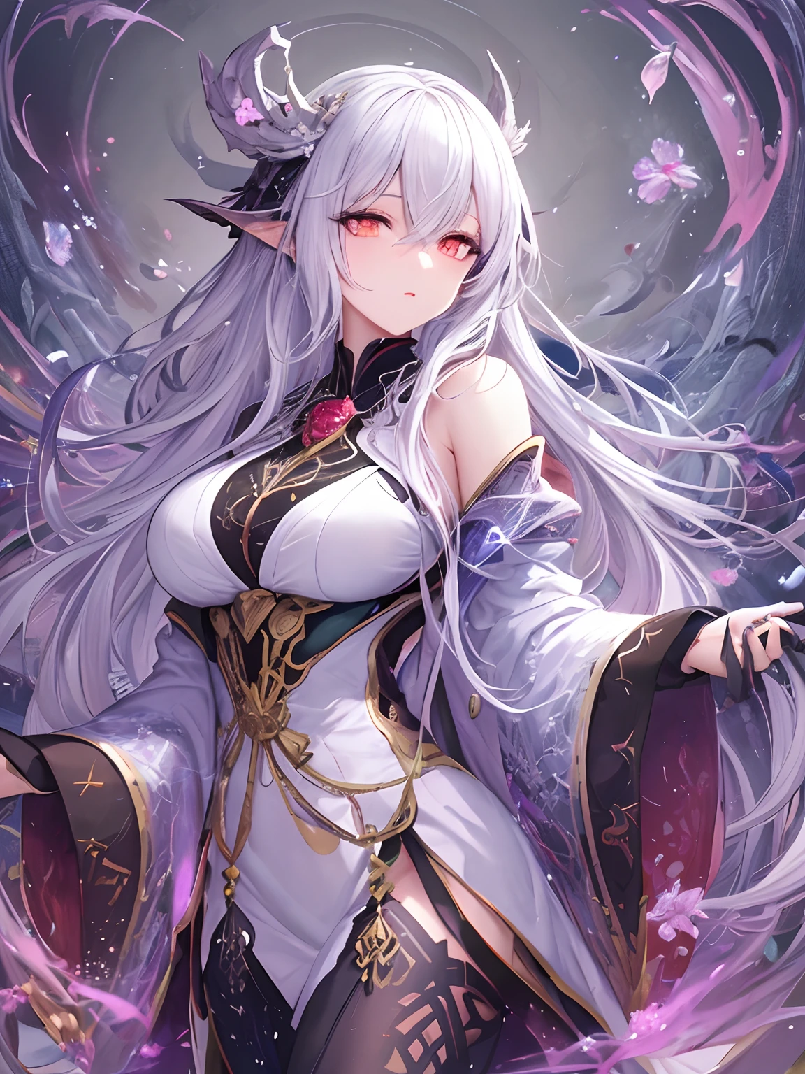 gagnant du concours pixiv, art fantastique, Dieu aux cheveux blancs, belle peinture de personnage, Oeuvre de style Guvez, Le regard éblouissant de Yukionna, guweiz, longs cheveux blancs, Cheveux et robes flottants, de jolis grands yeux, illustrations, lignes fines, de couleur foncée，couleur néon，Neige éparse