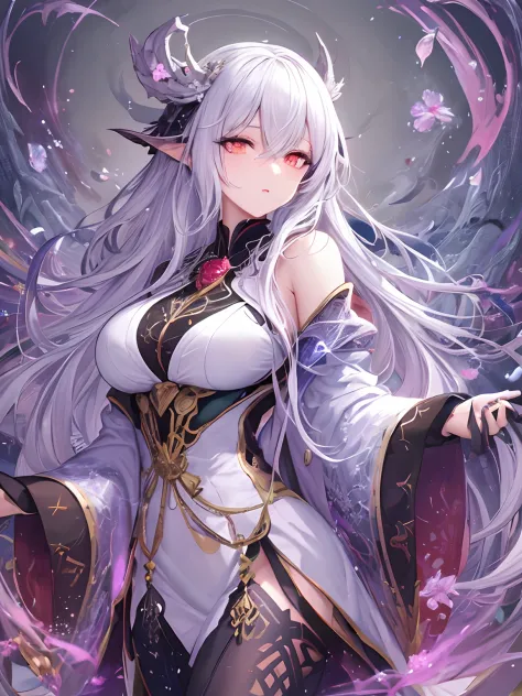 pixiv Competition Winner, Fantasy Art, white haired god, beautiful character painting, Guvez style artwork, Yukionna's dazzling gaze, guweiz, long white hair, Flowing hair and robes, cute large eyes, Illustrations, fine lines, dark colored，neon color，Scatt...