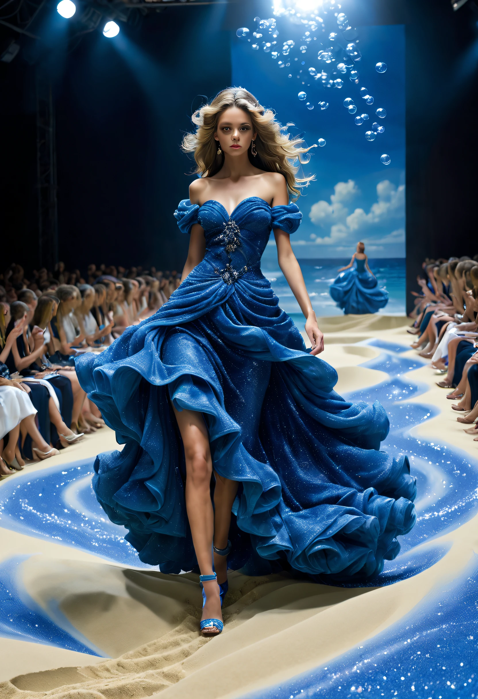(Photo of female model walking the catwalk in sapphire blue ocean haute couture）,Haute couture, Witch clothes，The scene of the Paris fashion show，Catwalk scene，（full bodyesbian：1.37）.nice shoes，Sand and foam, dust kicked up，Clothes blue swirls swirl like bubbles, （Absurdly long hair：1.37）, 
Background with：The stepped stage is covered with fine sand，
inside in room：Catwalk scene， (((Runway scene))),The stage is covered with fine sand，Jupiter，Recife，Sand and foam, dust kicked up，Blue swirls swirl like bubbles, Ray tracing, god light, hyper HD, A masterpiece of anatomical knots，It can give texture to the skin, Super detail, High details, High quality, Award-Awarded, Best quality, A high resolution, 8K，Catwalk scene，Shoot from the bottom up，Find it in Ultra HD, Masterpiece, Charming eyes，Anatomically correct, Textured skin, Super detail, Award-Awarded, Best quality, 8K Vision, Catwalk, Realistic, Fantasyart，