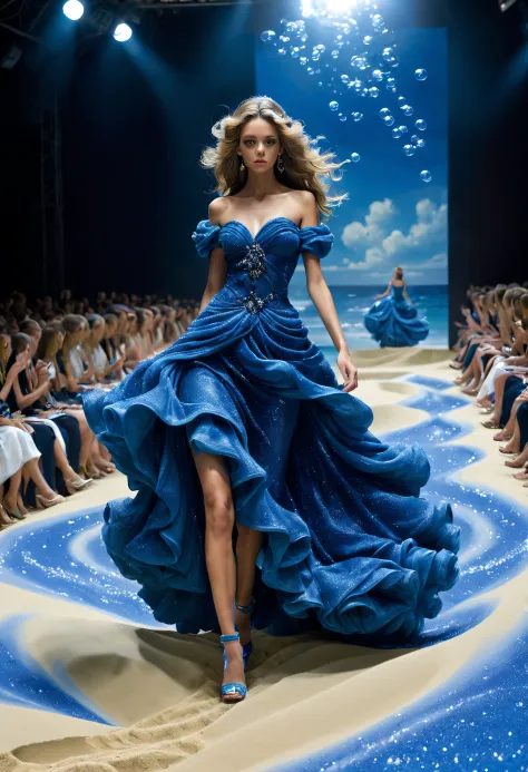 (Photo of female model walking the catwalk in sapphire blue ocean haute couture）,Haute couture, Witch clothes，The scene of the P...
