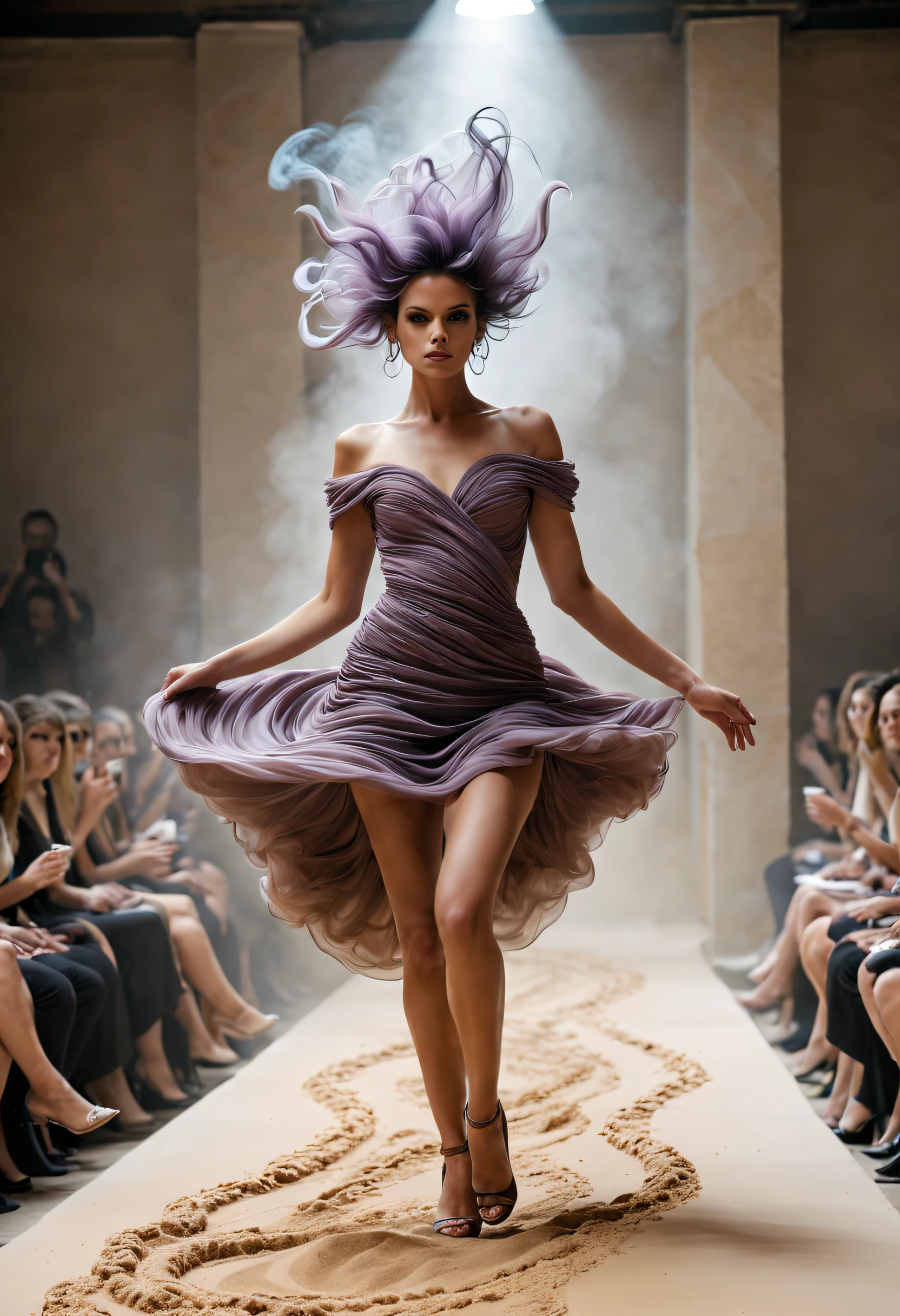 (Photo of a female model walking the catwalk in coffee-colored haute couture）,Haute couture, Witch clothes，The scene of the Paris fashion show，Catwalk scene，（full bodyesbian：1.37）.Nice shoes，Sand and foam, dust kicked up，The brown color of the clothes swirls like a whirlpool, （Absurdly long hair：1.37）, 
Background with：inside in room，The stepped stage is covered with fine sand，（Alberto Seveso：1.37）style of, cactus
indoor：Catwalk scene， (((Runway scene))),The stage is covered with fine sand，Jupiter，Recife，Sand and foam, dust kicked up，Blue swirls swirl like bubbles, The scenery must be filled with swirls and dynamic colored smoke，Wear yours with a ballerina smoky swirl dress.Flowy purple smoky dresses and fast-spinning movements are the source of inspiration, Key elements::Convey mystery, smooggy，colorful atmosphere.Emphasis on dynamics, Rotational motion ray tracing in composition, god light, hyper HD, A masterpiece of anatomical knots，It can give texture to the skin, Super detail, High details, High quality, Award-Awarded, Best quality, A high resolution, 8K，Catwalk scene，Shoot from the bottom up，Find it in Ultra HD, Masterpiece, Charming eyes，Anatomically correct, Textured skin, Super detail, Award-Awarded, Best quality, 8K Vision, Catwalk, Realistic, Fantasyart，