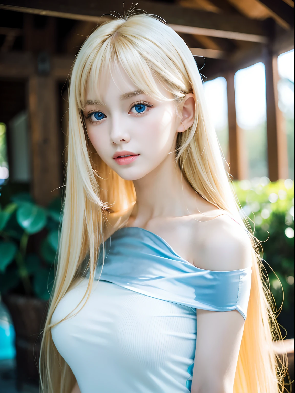 1girl in, , Solo, Super long hair, Silky Straight Super Long Hair、Colossal , Looking at Viewer, ((Dazzling bright blonde hair,)) ((Big eyes of very beautiful pale marine blue)),White beautiful skin、glowy skin、Gloss Face、Teak Gloss、bright expression、Small face beauty、Long bangs that hang down between the eyes、Bare shoulders, jewely, Full body, (Very detailed 8k wallpaper), Soft lighting, High quality, Film grain, Fujifilm XT3 sharp focus, F 5.6, high detailing, Sharp Focus,(Natural light), (gros-plan:1.2), (Seductive), off shoulder t-shirt, Realistic, A sexy、Round face、