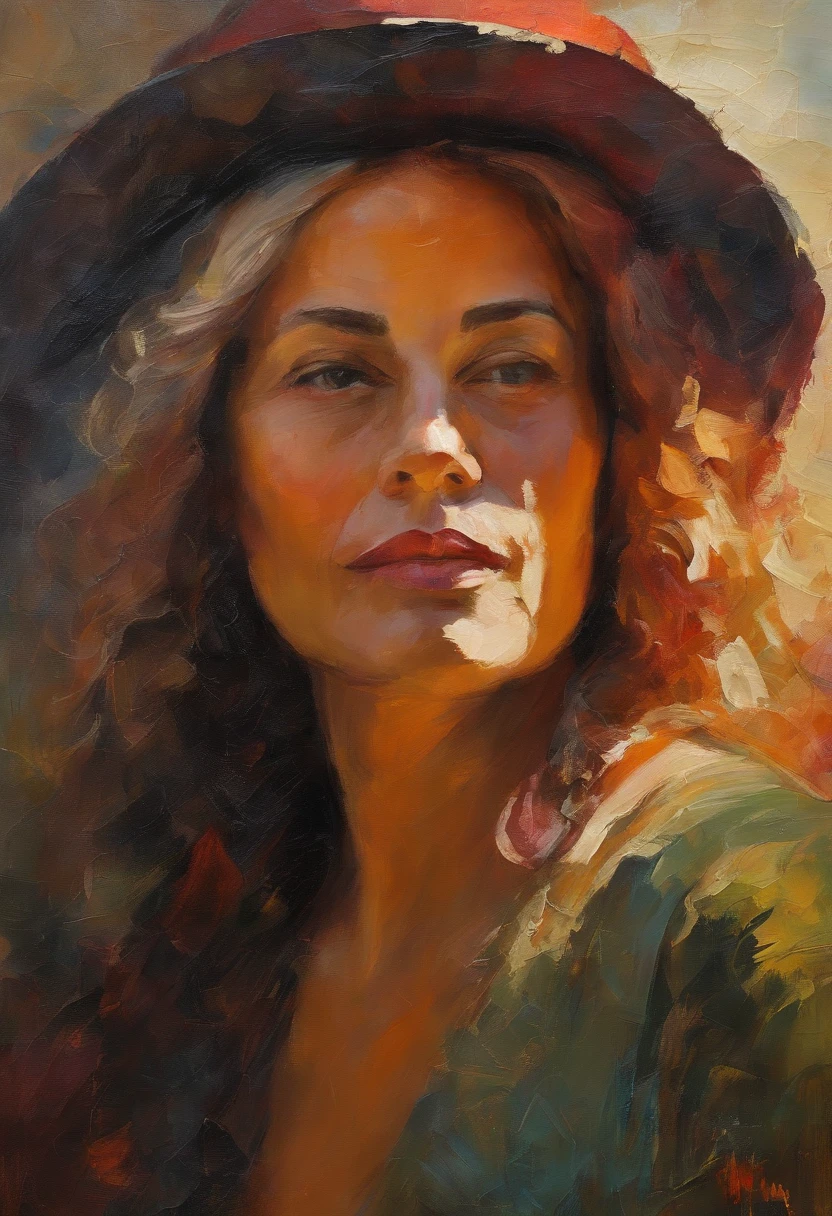 retrato feminino, mulher muito bonita, longos cabelos pretos, olhos sorridentes, olhando bem para o ponto de vista, red hat, acrylic painting, Pincelada arrojada e expressiva, estilo impressionista, Rosto detalhado, epic background, Specialized lighting and shadows, pintura de arte.