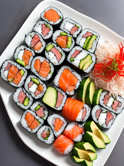 Generate a high-resolution photograph-like image of an orderly presented 10-piece California Sushi Roll. The photograph-like image should capture the details of the crab, avocado, and cucumber filling. The roll should be garnished with fresh avocado and cu...