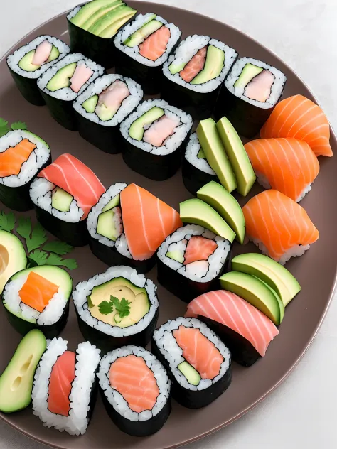 Generate a high-resolution photograph-like image of an orderly presented 10-piece California Sushi Roll. The photograph-like image should capture the details of the crab, avocado, and cucumber filling. The roll should be garnished with fresh avocado and cu...