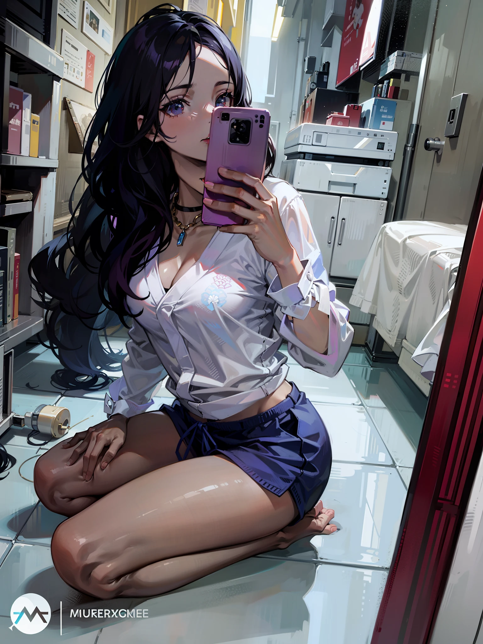 Anime girl sitting on the floor taking a selfie with her phone - SeaArt AI