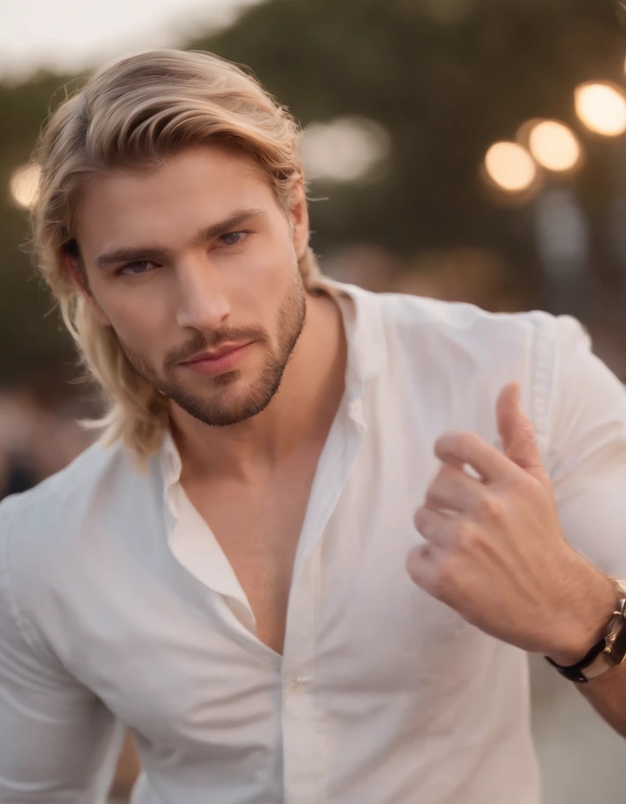 Photo of a handsome and handsome Australian man, blue colored eyes, 耳环, light beard,Messy short light blonde windy hair, Flip your hair, enlarged in close-up in a tightly cropped portrait, Descend one (Fashion Show in a Fashion Show Scene Model People:1.2) Use um (Roupa de Designer Casual:1.3) (Expensive cell phone in hand:1.3) (golden illumination:1.2) Background details of foreground objects (master part:1.2) (photoreallistic:1.2) (bokeh:1.2) (best quality) (color grading) (skin detailed:1.3) (Complex) (8k) (HDR) (Kinematic lighting:1.3) (Crisp Focus), messy windy hair