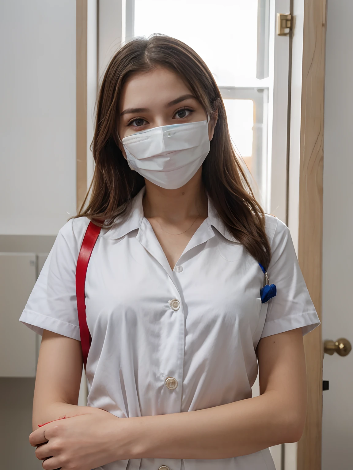 Girl in the uniform of a Russian nurse, Wearing a mask.