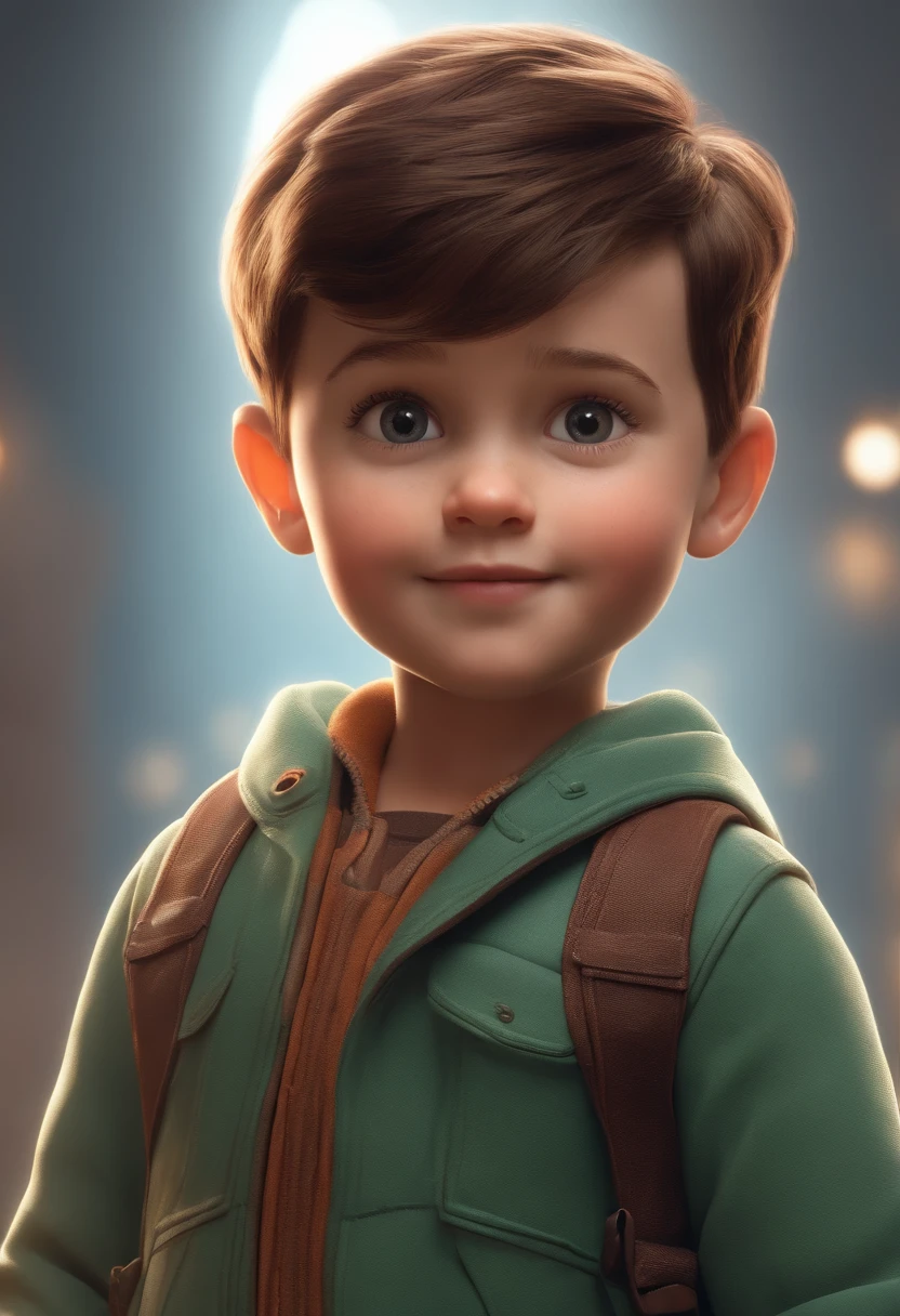 a happy cute kid standing short hair, vestindo uma fantasia espacial, , fundo branco, barnet, tom, Estilo Pixar, ..3d, desenhos animados, rosto detalhado, asymmetrical 16k