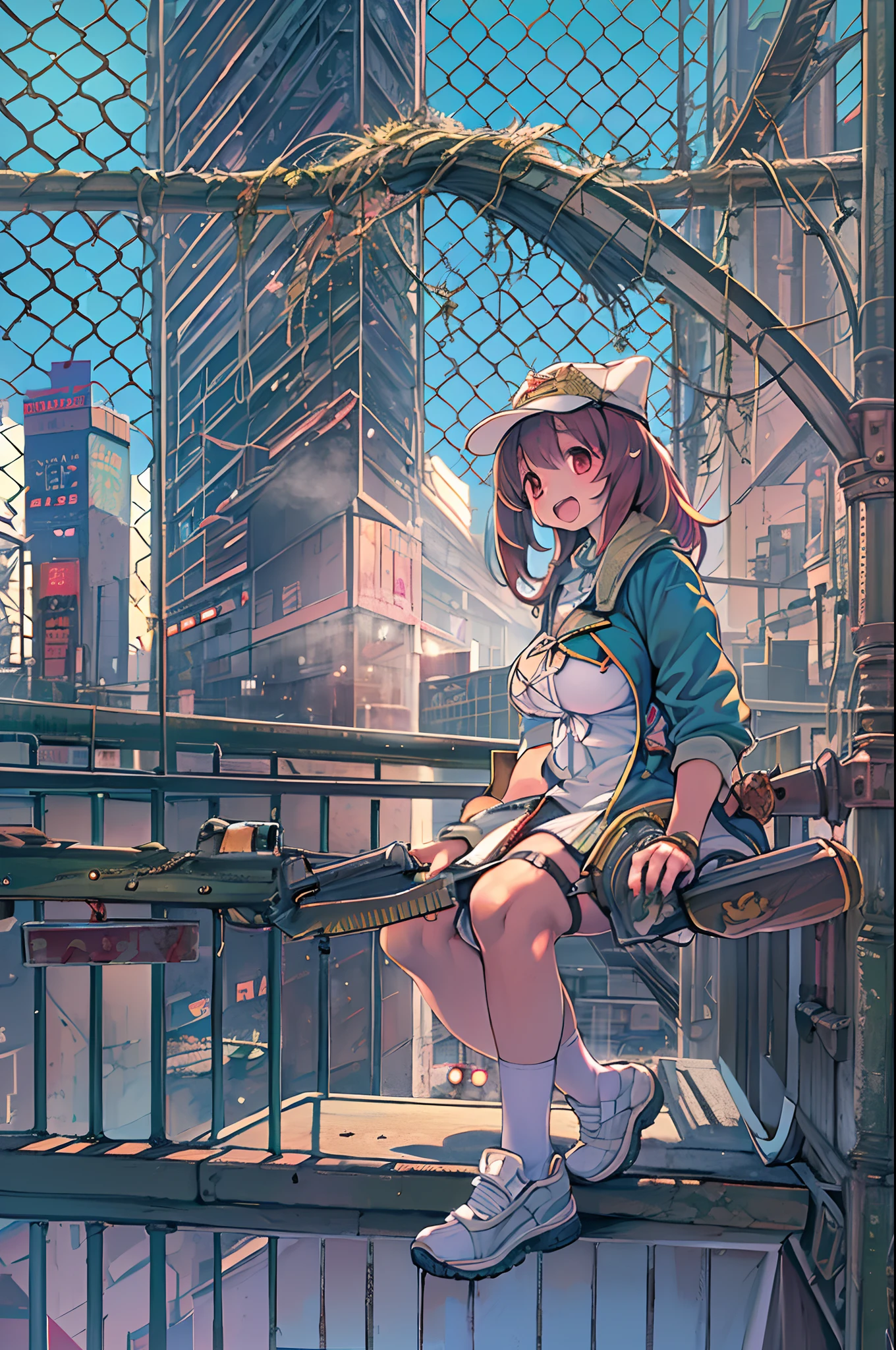 (masutepiece:1.2) (Best Quality) (Detailed) (Convoluted) (8K) (nffsw) (Wallpaper) (Cinematic lighting) (Sharp Focus),1girl in, building, chain-link_fence, fence, Skyscraper, Cityscape, felis_Wheel, Blue_skyporn, city, racket, skyporn, blush, tennis_racket, sky line, On the rooftop, architecture, Smile, day, east_Asian_architecture, lens_f lare, tower, Bridge, Duan, Open_Mouth, Real_A WORLD_location, Abigail