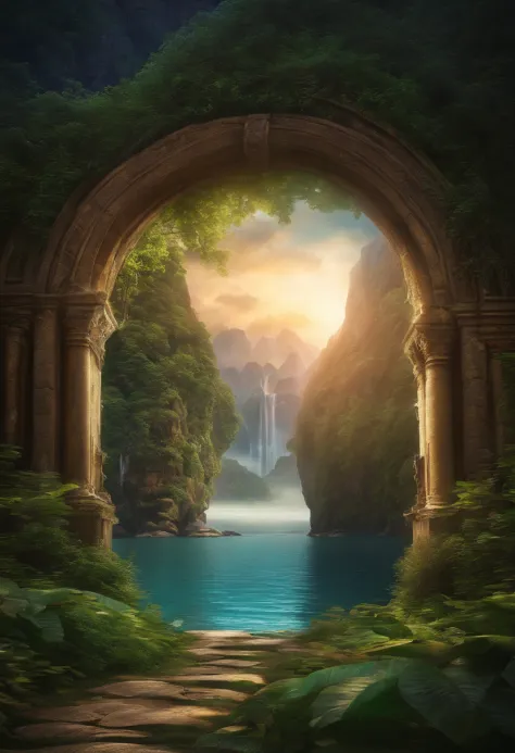 A fantasy world with a magical portal, Everything is magical, The environment has a magical touch, foto realista, Detalhes altos, best quality, 4k