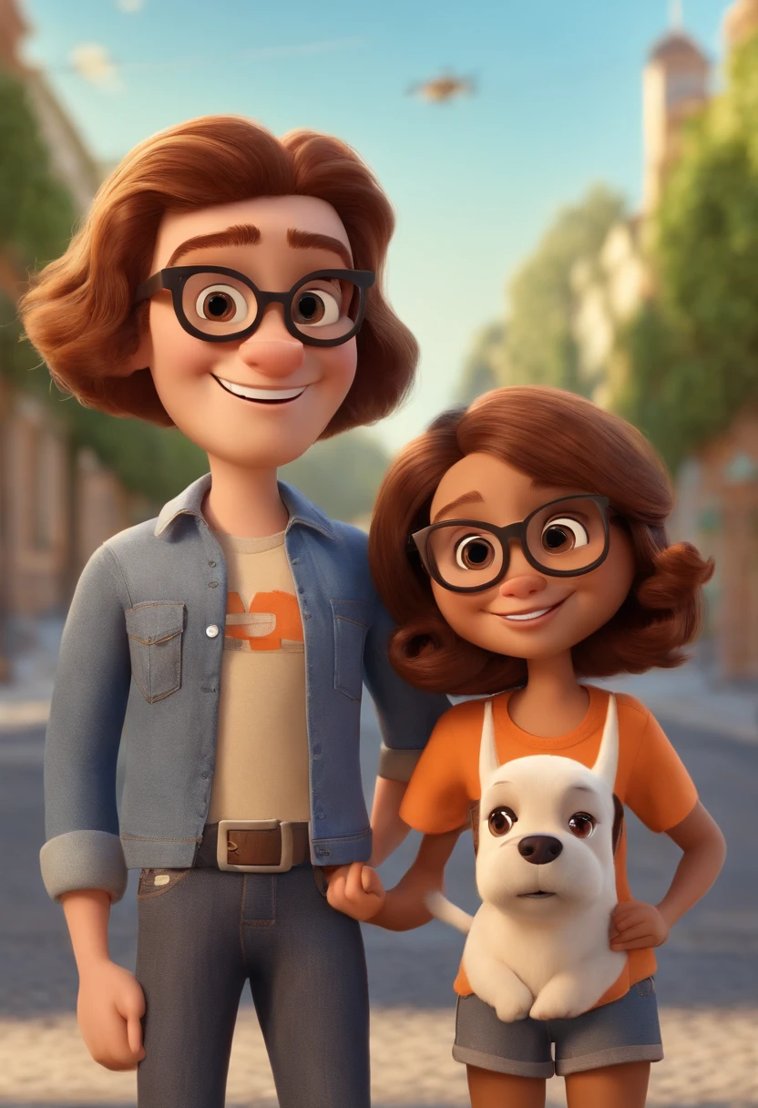 pixar. Couple with a brown beagle puppy. A has her blonde hair tied up, Gray t-shirt and light jeans, white glasses. The black-haired one with gray hair, little beard, The eyes, Dark blue jeans and gray t-shirt. They are both smiling and are 40 years old