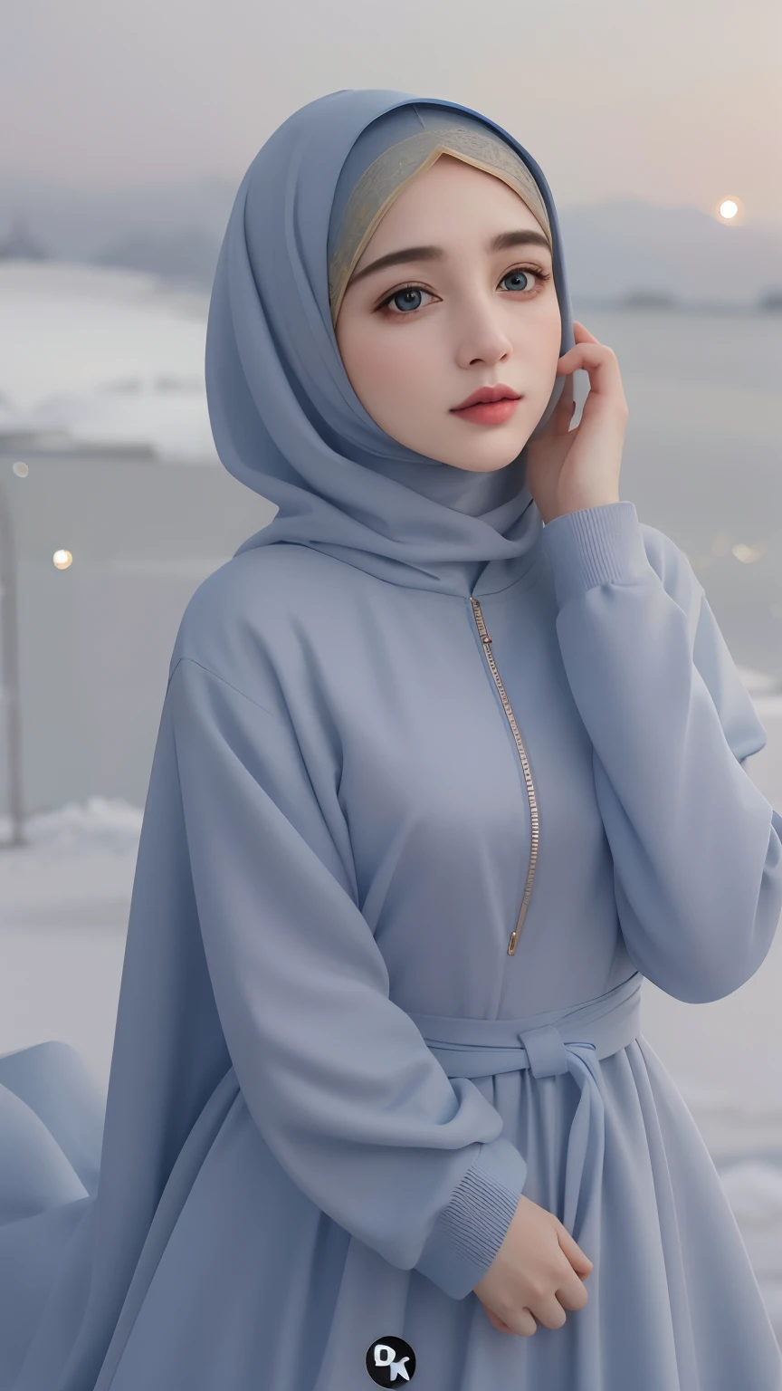 a woman in a blue dress and a hijab is talking on a cell phone, pastel blue, hijab, blue gray, pale blue, light blue, light-blue, blue soft details, sky blue, light grey blue and golden, wearing a blue hoodie, pastel, tight light blue neopren suits, ice blue, beautiful burqa's woman, pale-skinned persian girl