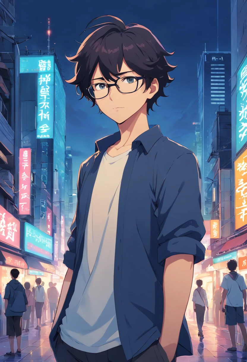 Short, permed curly hairstyle, black short-haired anime male, wearing glasses, 40 years old, full body, wearing dark blue set-up, white shirt, cyberpunk city