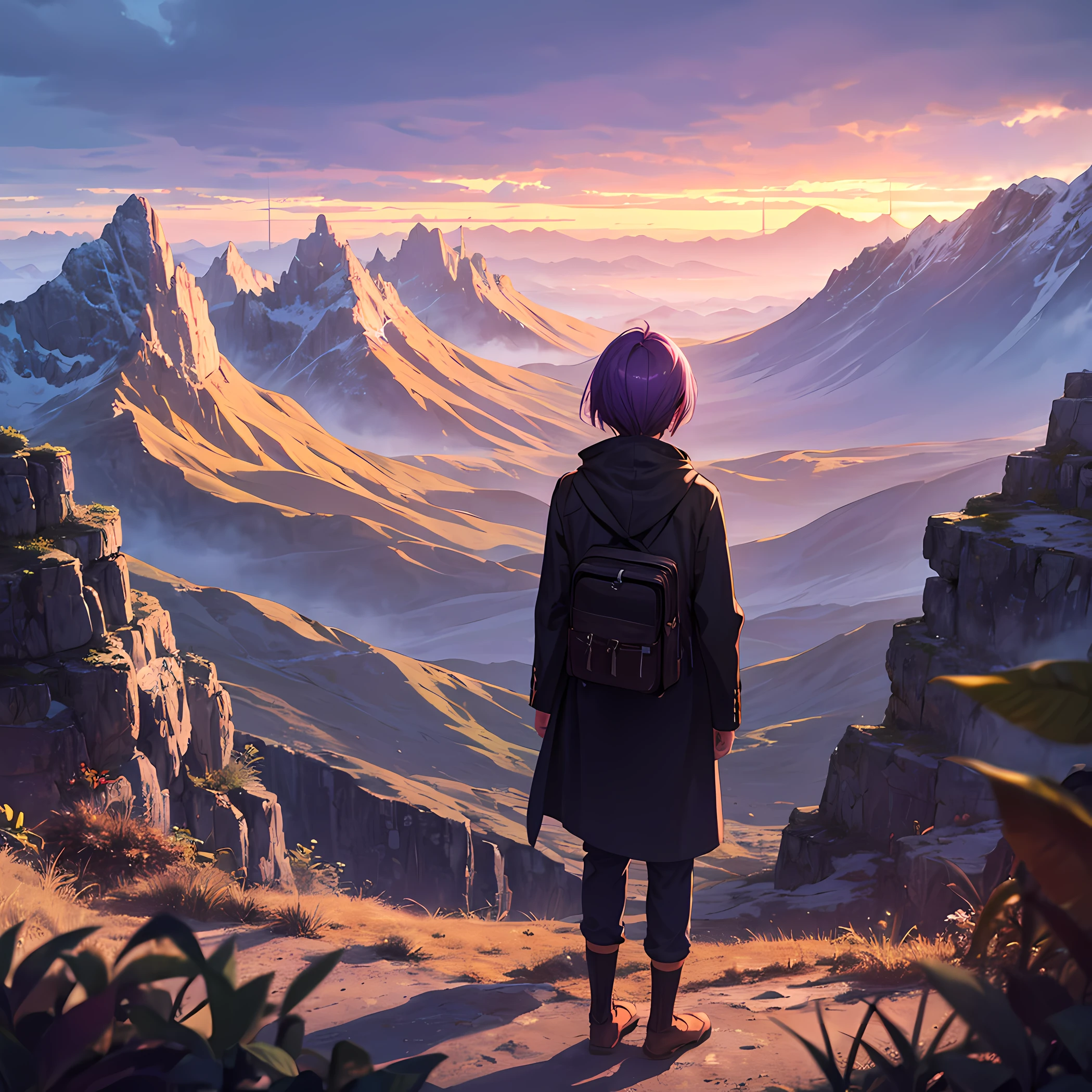 anime boy watching sky backside , beautiful mountain nature scenery, 8k resolution , high resolution ,purple theme , dramatic lights,