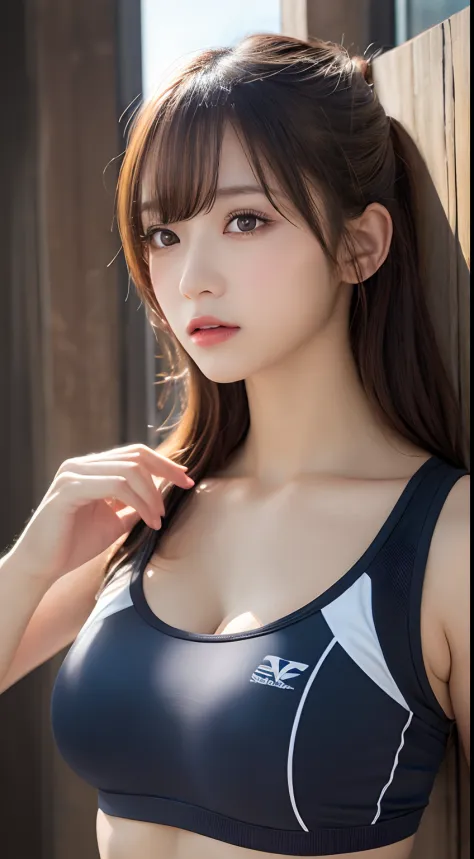 Girl running in the park,(((Drink bottled water))),Jade sweat,(Expressed  with a glossy iridescent metallic luster、Bright sports bra and  leggings.:1.3).Glossy light brown and orange striped shorthair,disheveled  ponytail - SeaArt AI