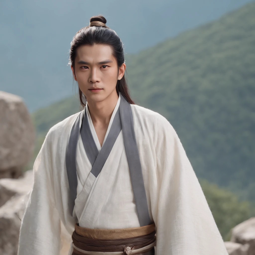 (Masterpiece),(Best quality:1.0), (Ultra-high resolution:1.0), Detailed illustration, 8k, アニメ, 1 man，hair messy，The face is white，Wearing a nine-splendid embroidered drape，Holding a Fuxi qin，Sallow complexion，Eyebrows are clear，Tall，Muscle lines are pronounced，Standing on a high mountain