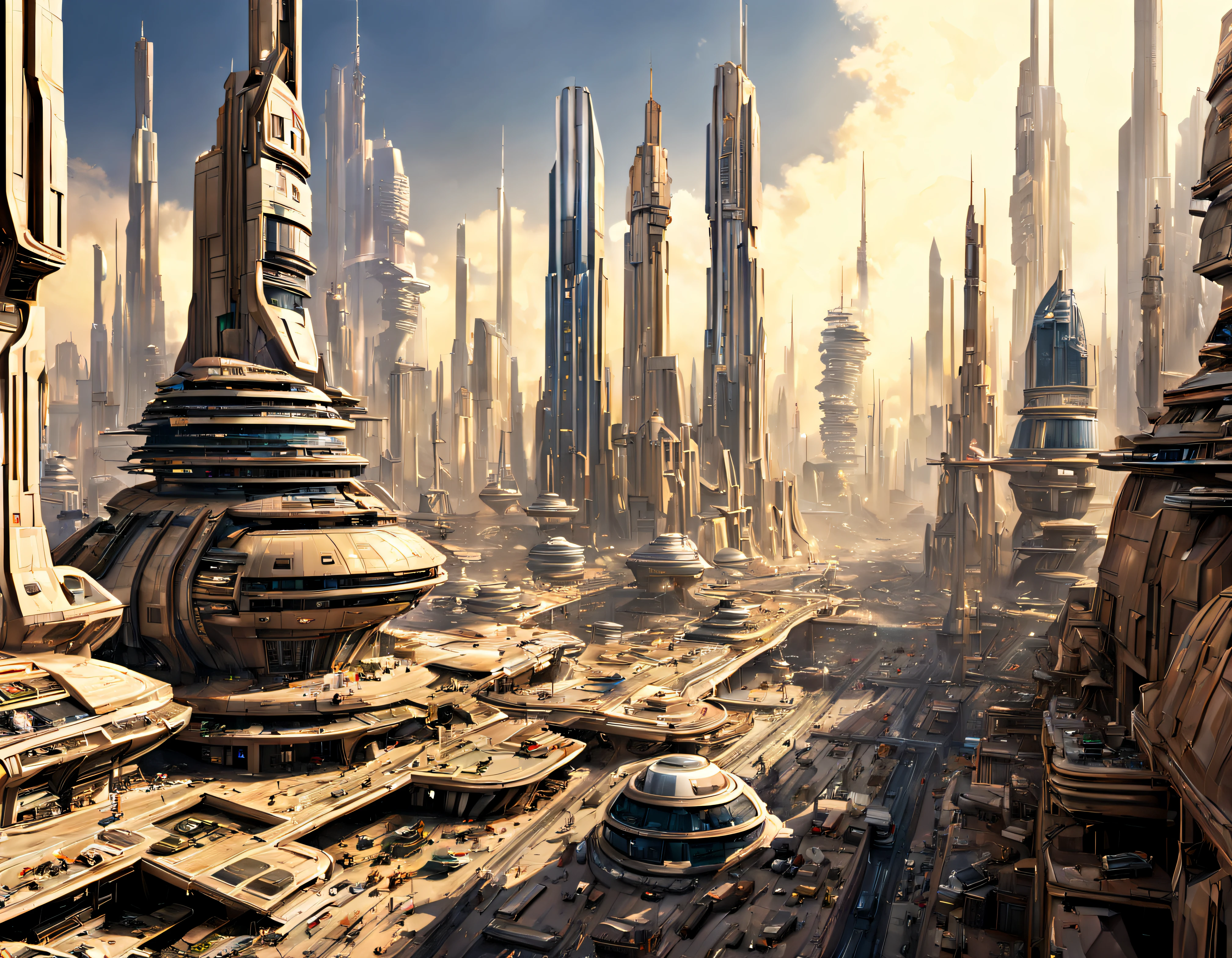 ((The city of Coruscant from Star Wars as designed by Doug Chiang)), futuristic fantasy city with immense buildings of technological design (that form an infinite avenue), non-blurred compactor buildings, with spectacular glass structures, (with bright and vibrant colors). sunny pavement (dull). people walking. well defined image with many buildings together. sharp well defined 8k image. the buildings reach high into the background.,8k. cinematographic image.
