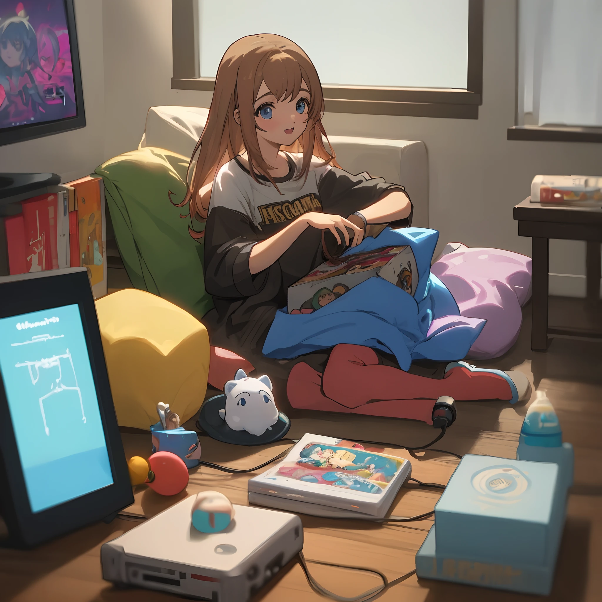 Anime girl sitting on a couch with a book and a video game - SeaArt AI