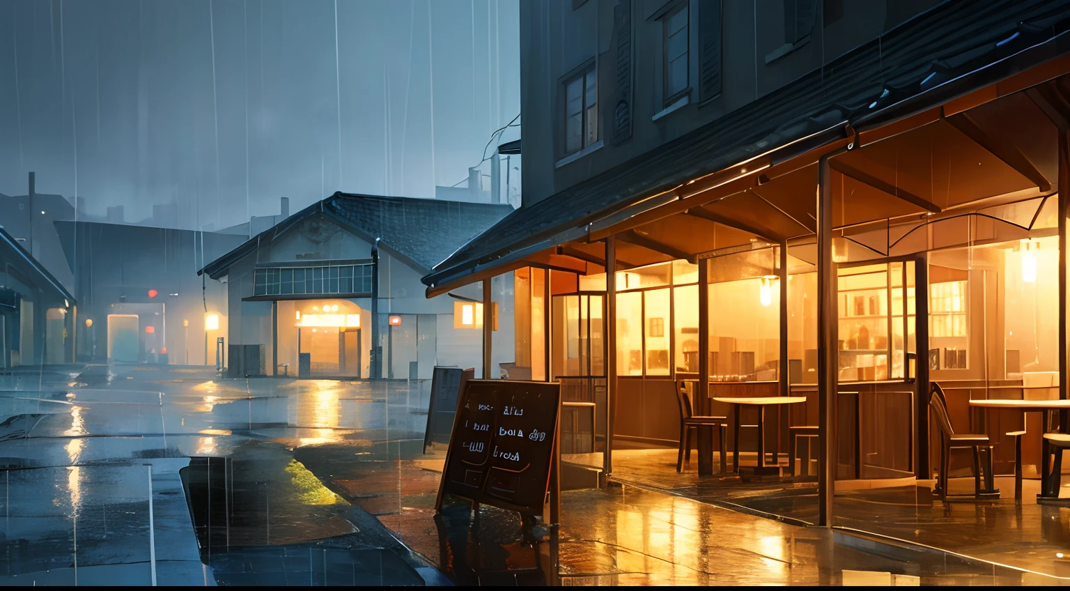кафе в дождливый день иллюстрация графика высшего качества пейзаж дождь дождливый день теплый свет кафе