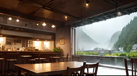 café on a rainy day illustration indoors graphic top quality landscape raining rainy day warm light café interior