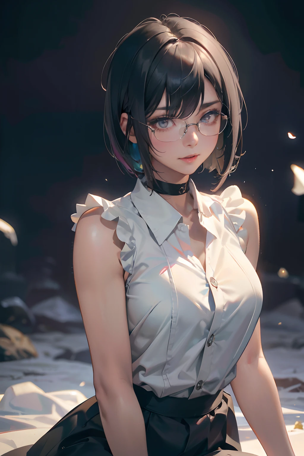 a 20 yo woman、Black blue Hair、Bery short hair、Big smile、(hi-top fade:1.3)、dark themed、Muted Tones、Subdued Color、highly contrast、(natural skin textures、Hyper-Realism、Soft light、sharp)、best quality, ultra high res, (photorealistic:1.4), 1woman, sleeveless white button shirt, black skirt, black choker, ((glasses)), (Kpop idol), (aegyo sal:1), (platinum blonde grey hair:1), ((puffy eyes)), looking at viewer, full body, flowers、