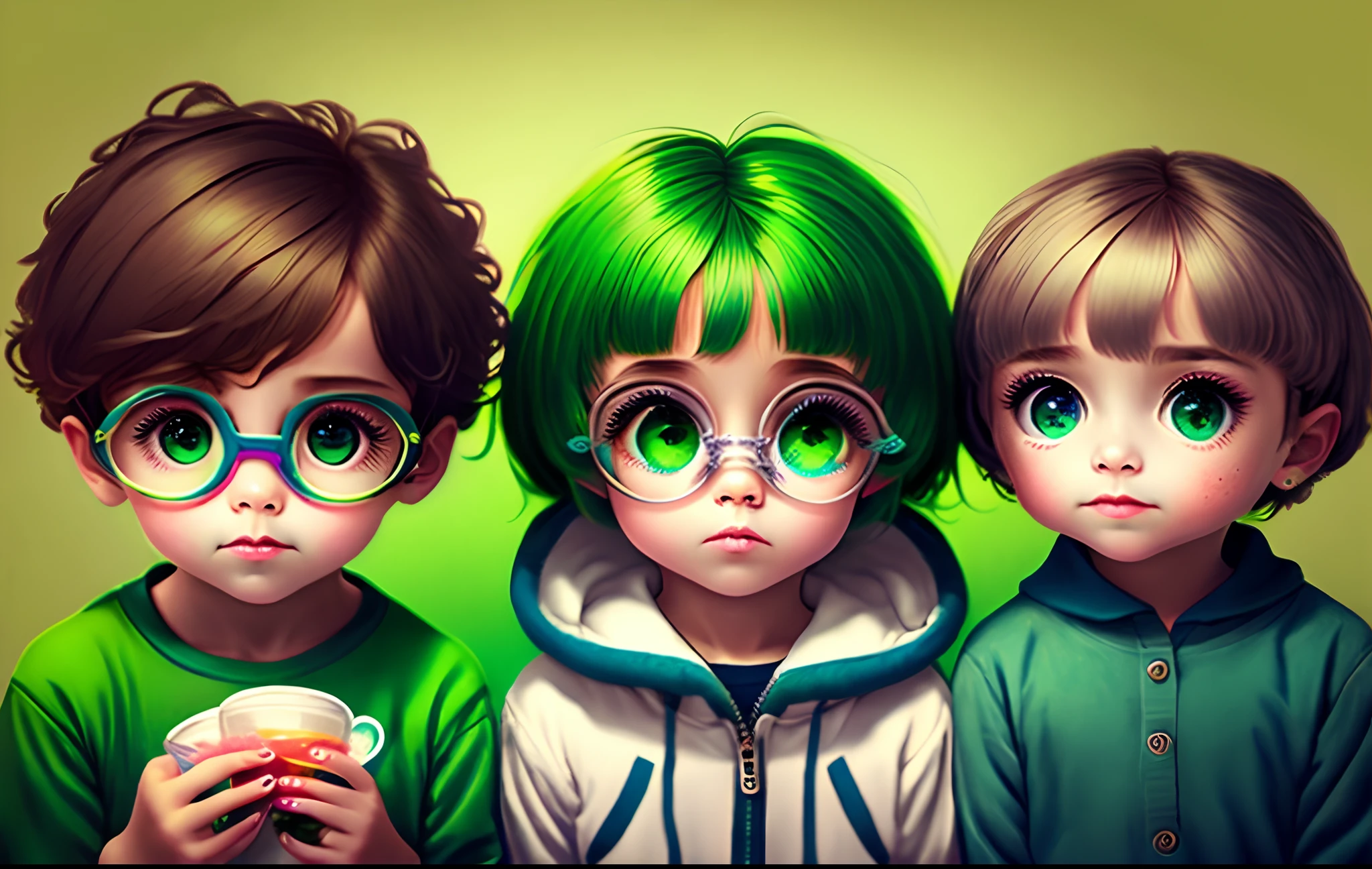 Three children with green hair and glasses are eating a sandwich - SeaArt AI