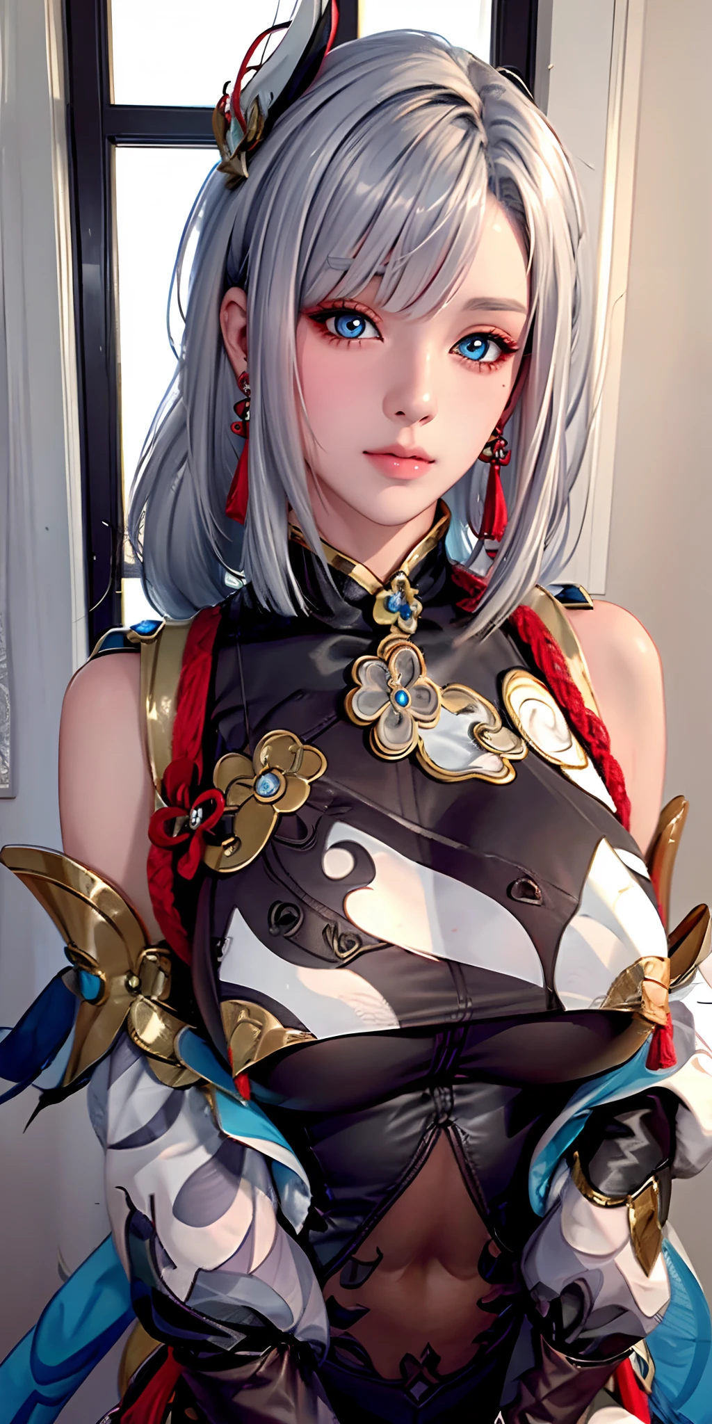 （（（shenhe_Genshin，hitman，Genshin Impact，Long_Hair, Blue_Eyes, bangs, Hair_polypubic hair_One_eye, Breasts, Hair_decorations, Large_Breasts, jewelry, Grey_Hair, White_Hair, nipple tassels, Earrings, Very_Long_Hair, Braid, breast enhancement_curtain）））,((Masterpiece)),A high resolution, ((Best quality))，tmasterpiece，top-quality，best qualityer，（（（ looking at viewert, There is light in the eyes））），（（（Light and shadow interlace，white skinned，gigantic cleavage breasts,huge boob，Raised ，laughingly，self-assured））），（（（Asian women in the United States, Surrealism female students, Korean girl, Surrealism female students, ulzzangs, Realistic , jaeyeon nam, sakimichan, , cute female student, Beautiful Anime High School Girls, Gorgeous young Korean woman））），
