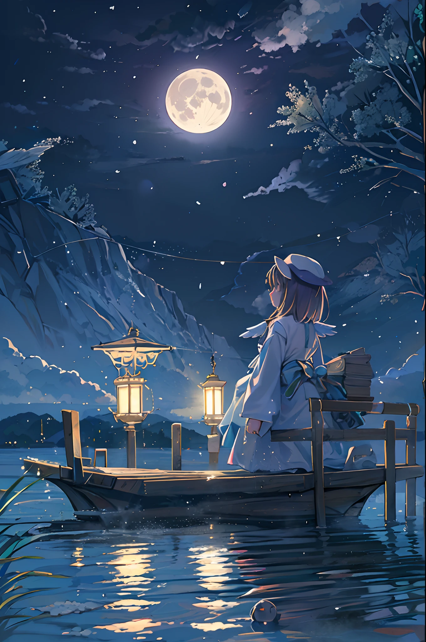 chica en el agua、Bajo la luna llena、Noche、alas de angel