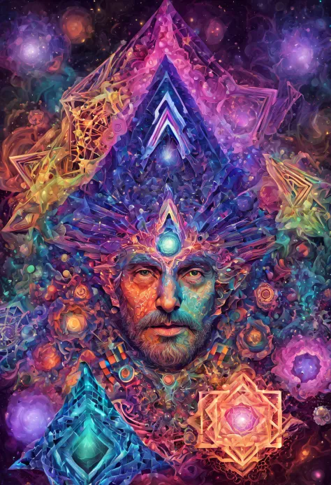 (psychedelic art in drdjns style), a powerful wizard consisting of a myriad of microscopic geometric shapes, digital artwork
