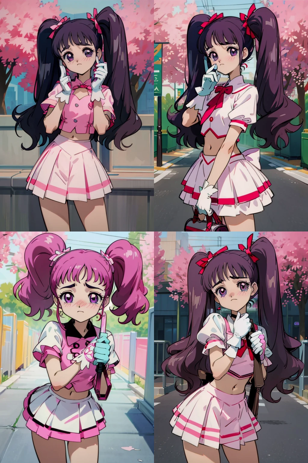 {{heart catch precure! style, cure blossom, 2d cel anime, 100-layer, hyper-detailed, high resolution, textile shading, beautiful detailed eyes, 4k, 8k, 16k, stunning, sharp, smooth, realistic, intricate, overall detail}}, nsfw, 1 girl, solo, {{{precure transformation costume, ribbon, gloves, frilled miniskirt}}}, midriff, standing, troubled face, {{blush}}, thick eyelashes, multiparous woman, pink twin tails hair, curly hair, pink eyes, medium breasts, outdoor, {city}, {{facing the front, straight-on}}, cowboy shot of a curvy mature, solo focus, perfect face, perfect anatomy, intricate, (highly detailed),