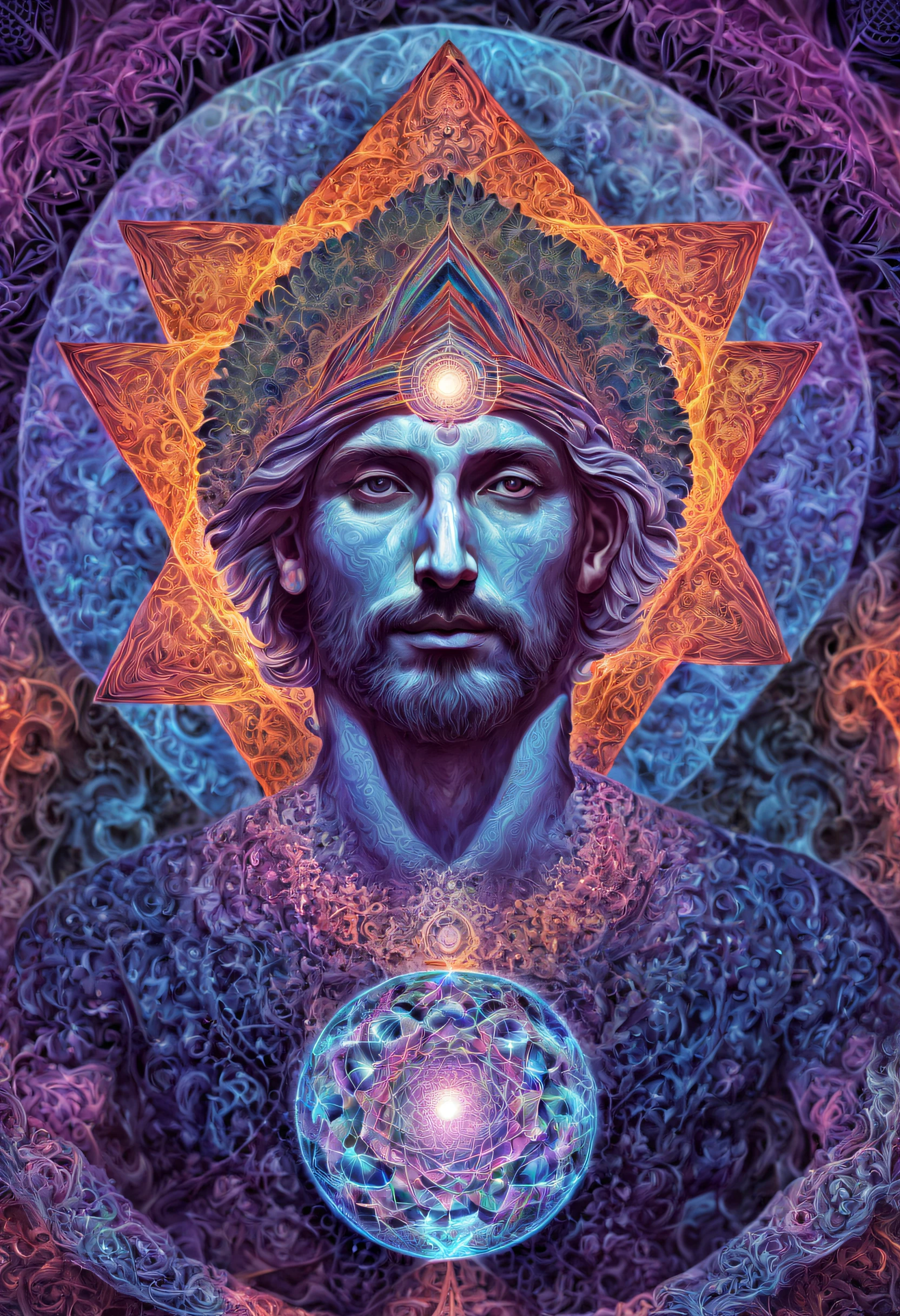 psychedelic art in drdjns style of mysterious man, sacred geometry, intricate patterns, complex and detailed, masterpiece, 8k, hdr