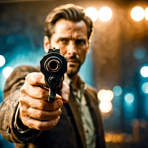 cinematic film still gunatyou, analog photo of a man pointing a gun at viewer, pistol  . shallow depth of field, vignette, highly detailed, high budget Hollywood movie, bokeh, cinemascope, moody, epic, gorgeous, film grain, grainy