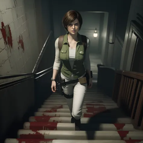 Best quality, ((Rebecca chamber from resident evil)), short bob hair, white jeans, beautiful face, green vest, Friendly face, little smile, holding a gun