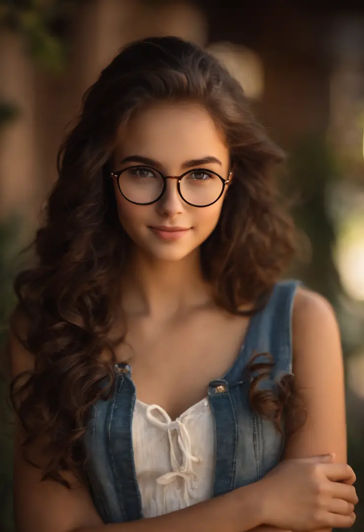 use the Disney Pixar style. Teenager, thin, dark brunette, short long and curly brown hair, brown eyes, thin eyebrows, short nose and straight base, small lips, some white spots on her skin, wearing gold-colored cat-eye glasses, she will be smiling and wea...