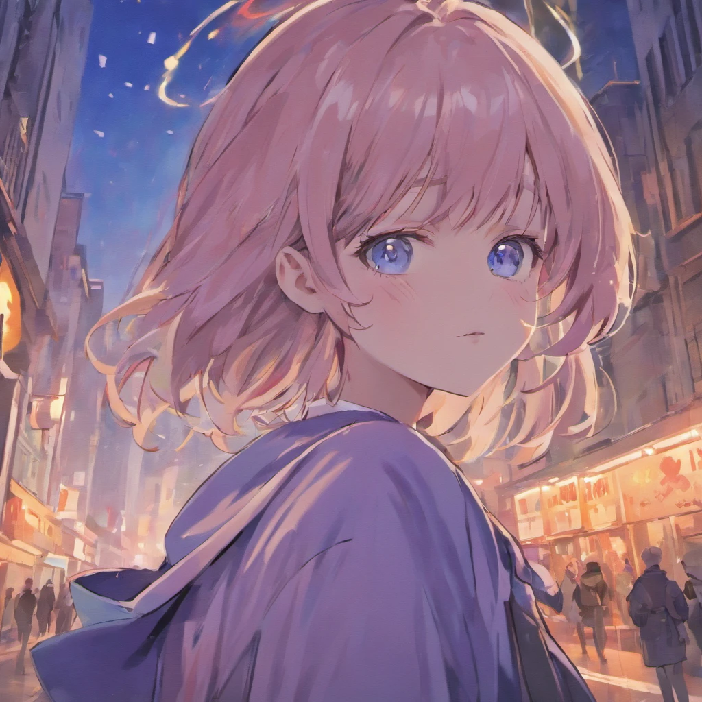 Anime girl with pink hair and blue eyes standing in a city - SeaArt AI