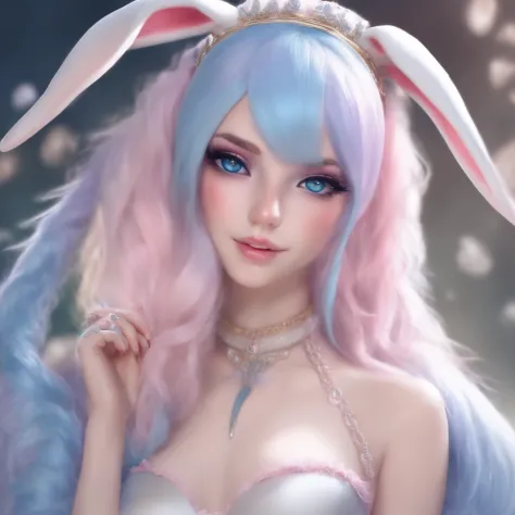 a futanari bunny girl with a hard penis, Long pastel blue/ pink hair, eastern face, blue eyes