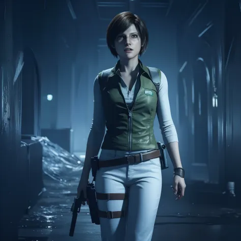 Best quality, ((Rebecca chamber from resident evil)), short bob hair, white jeans, beautiful face, green vest, glare expression, holding a gun