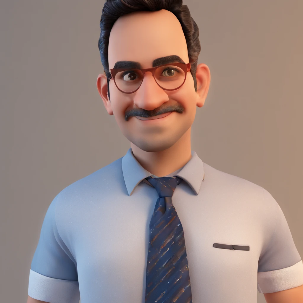 Criar um personagem no estilo Pixar. Trata-se de um homem de 38 anos, sorridente Moreno, com cabelos pretos curtos, e olhos castanhos claro. He's wearing a shiny silver cord, Trabalhar como designer