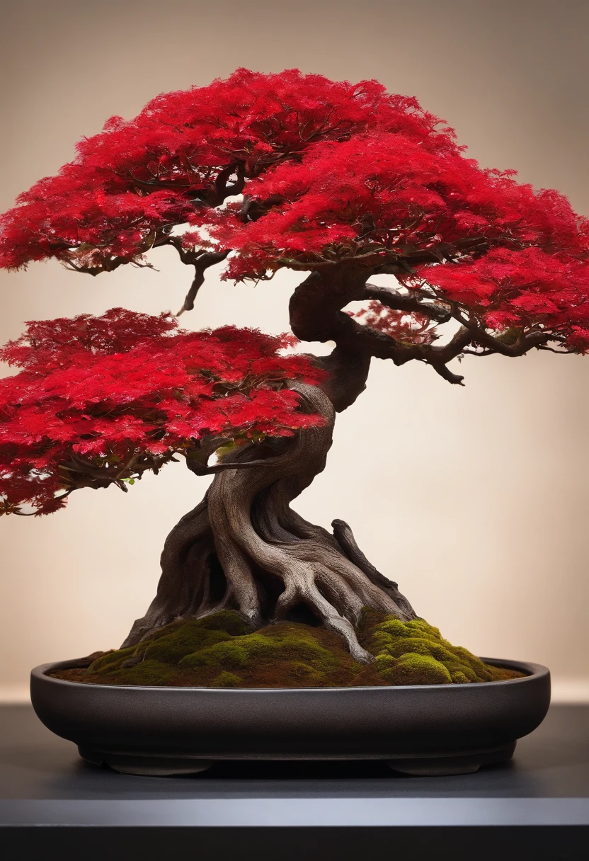 A bonsai tree with red leaves in a black pot SeaArt AI