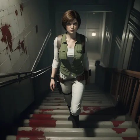 Best quality, ((Rebecca chamber from resident evil)), short bob hair, white jeans, beautiful face, green vest, Friendly face, Cold expression , holding a gun