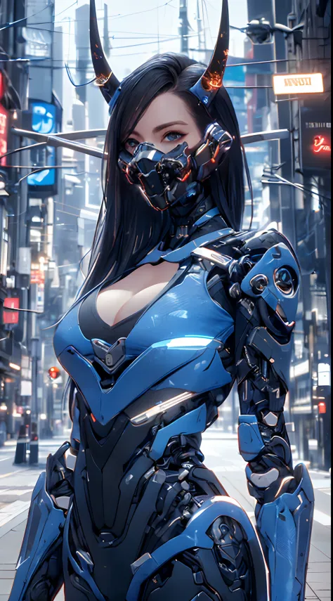 Super realistic, hyper realistic, super detailed, (cybersamurai, long hair, blue eyes, black hair, cleavage, upper body, horns, armor, blurry, clothing cutout, mask, blurry background, science fiction, mouth mask, cyborg, cyberpunk, katana on back, katana handle sticking out behind back:1.3) (glowing simple black background:1.25),  masterpiece, best quality, wide-angle Hyperdetailed, masterpiece, best quality, 8k, natural lighting, soft lighting, sunlight, HDR (High Dynamic Range), Maximum Clarity And Sharpness, Multi-Layered Textures