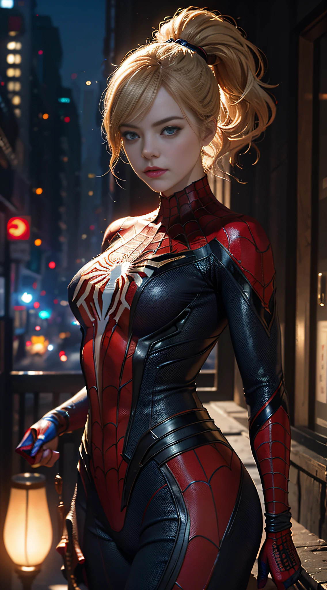 1girl, Emma Stone as spiderman (from marvel studios), look at viewer, (masterpiece, best quality, detailed skin texture, detailed cloth texture, beautiful detailed face, intricate details, ultra detailed),  Ponytail, blonde hair, holding a mask, (spiderman mask), (random angles), (Best quality, A high resolution, Photorealistic, primitive, 8K,Masterpiece, ),Best quality, Masterpiec8K.hdr. High ribs:1.2, filmgrain, Blur bokeh:1.2, Lens flare, (vivd colour:1.2), (Delicate),