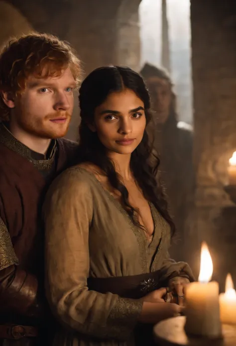 It’s Ed Sheeran and Anya Chalotra as a couple,, game of thrones style, candlelight in a medieval setting, ultra sharp focus, realistic shot, medieval clothes, tetradic colors
