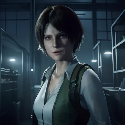 Best quality, ((Rebecca chamber from resident evil)), short bob hair, white jeans, beautiful face, green vest, Friendly expression, holding a gun