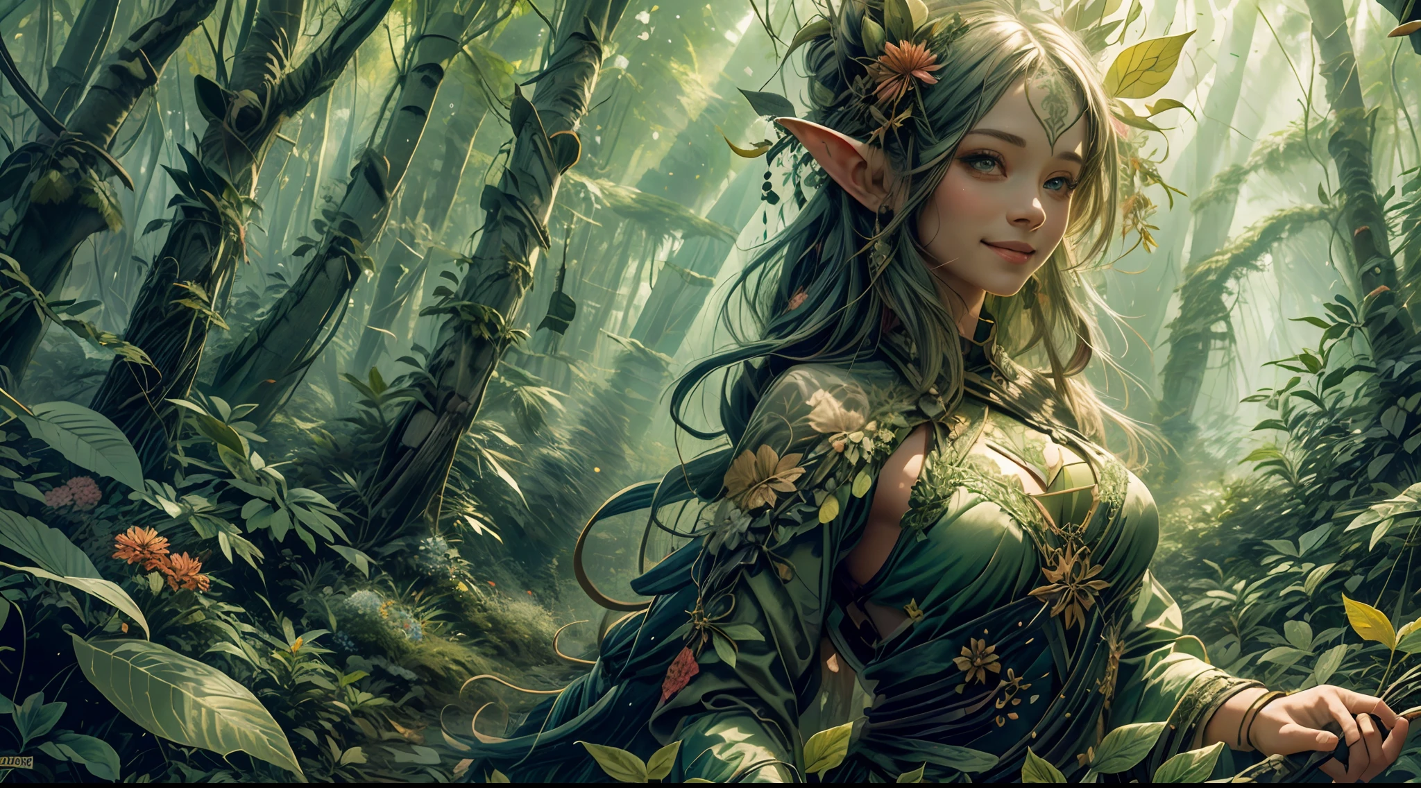 1sexy girl with forest clothes, Smile，Flowers, Leaves, mandalas, fractalized, Forest elves，holy rays，full female body,Ray traching，dynamic blur，smoke effect，Morning glow，4K，k hd，extreme hight detail