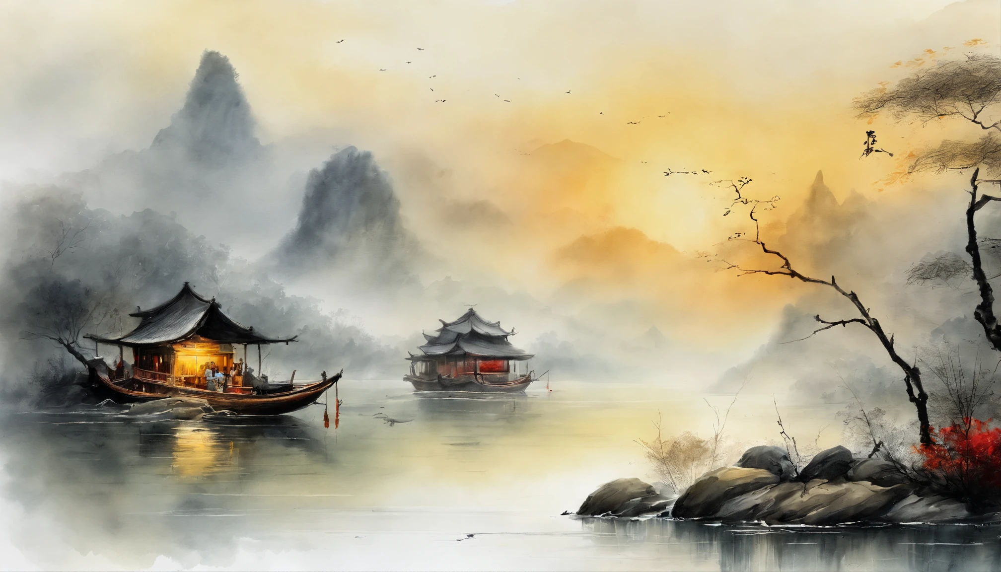 Chinese landscape painting，ink and watercolor painting，water ink，ink，Smudge，Faraway view，Ultra-wide viewing angle，Meticulous，Light boat in the distance，Faraway view，Meticulous，Smudge，Fog，misterious，low-saturation，Low contrast，The light boat has crossed the Ten Thousand Heavy Mountains，Beautifully depicted，A detailed，acurate，Works of masters，tmasterpiece