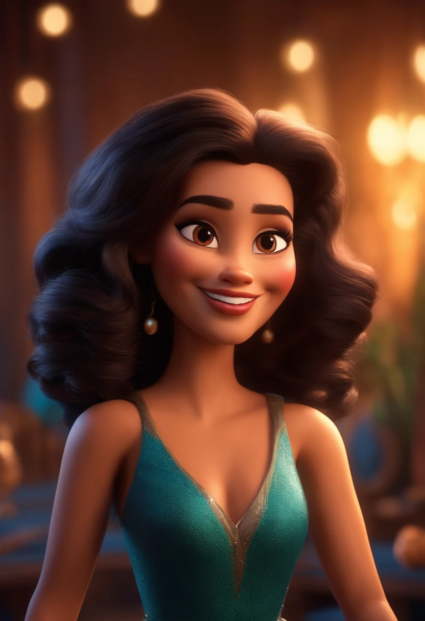 Imagem estilo Pixar com personagem 3D mulher morena cabelo liso e longo, Turning 40 years dancing, Maquiagem Disney,Pescador, bonitinho, sorridente ,Close-up, Pixar, Disney, Cinema lighting,