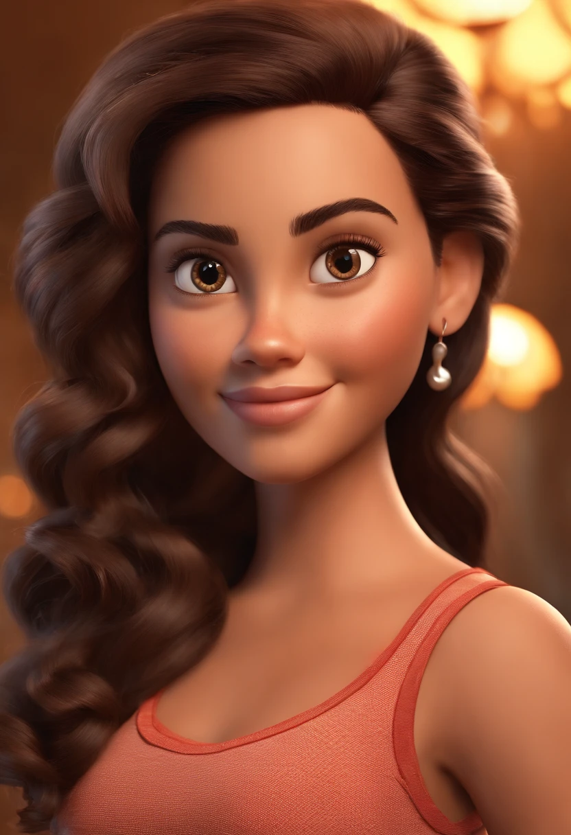 Create a Disney Pixar-style poster of a young woman with light brown skin, light tanned dark eyes and medium and curly dark-colored hair)) ((tudo isso no estilo Disney PIXAR 3D,  3D render RTX estilo de design cartunesco, Detailed illustrations of PIXAR 3D, Detalhes hiper-realistas, cor quente no estilo Disney PIXAR 3D))